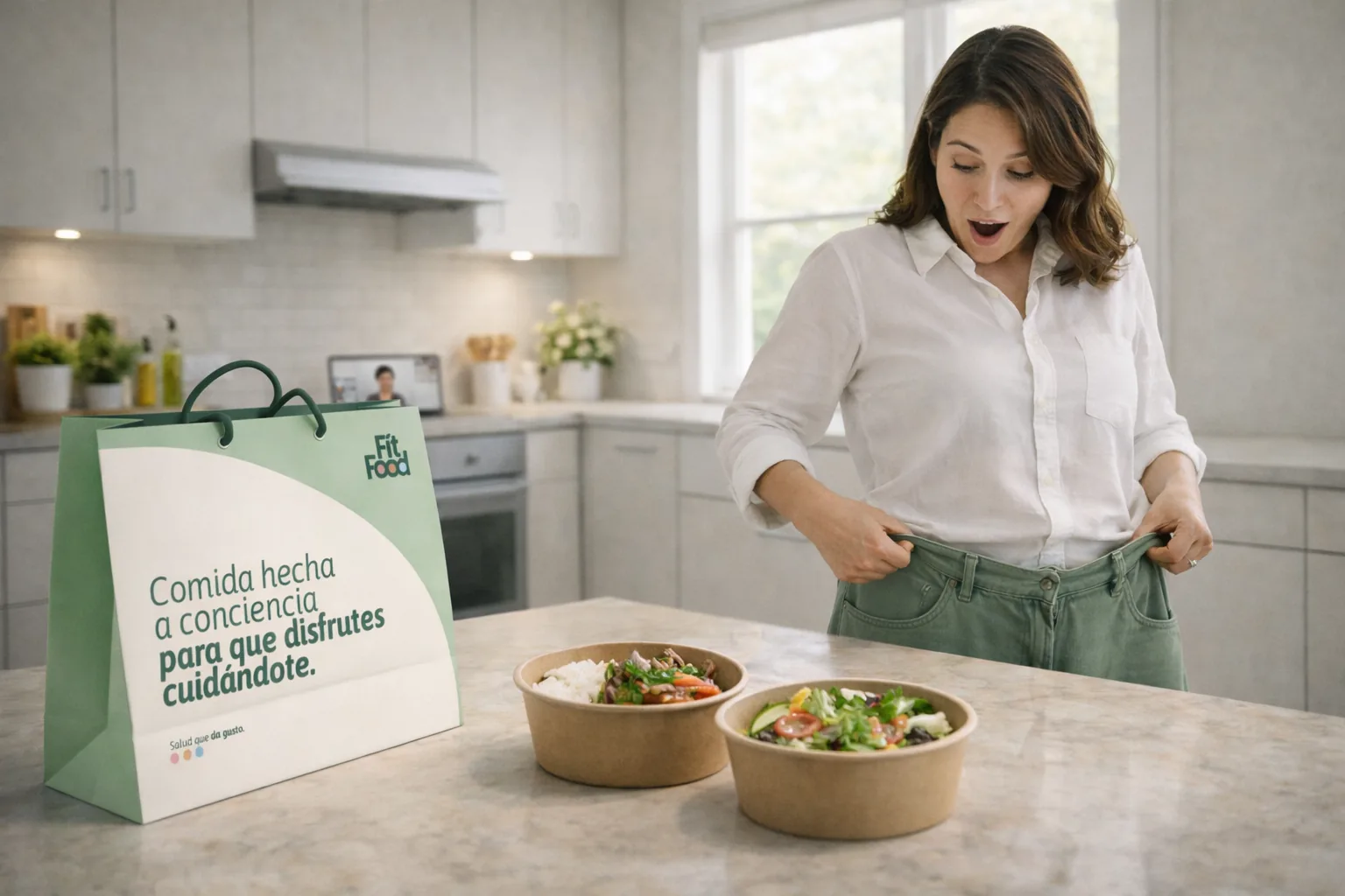 Resultados del método Fit Food - Mujer mostrando resultados con bolsa Fit Food y platos de comida saludable